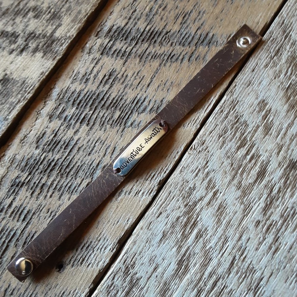 Handmade leather adventure awaits cuff bracelet